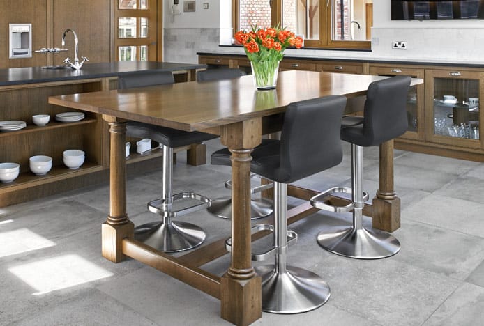 Lush Brushed Steel Bar Stools at Wooden Breakfast Bar