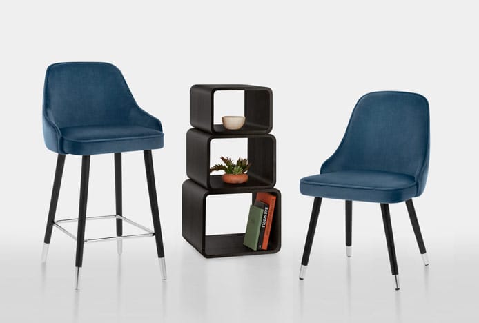 Matching Glam Bar Stool & Dining Chair In Blue Velvet