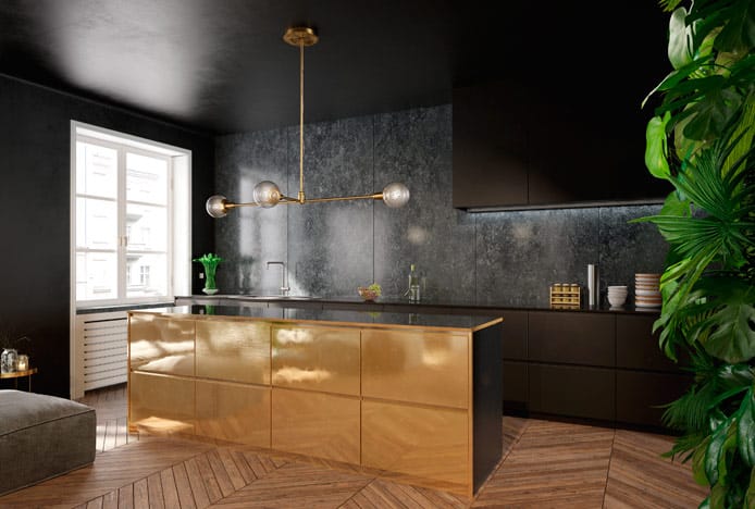 Kitchen With Mixed Metals And Gold Island