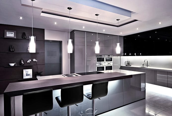 Monochrome Kitchen With Black Bar Stools