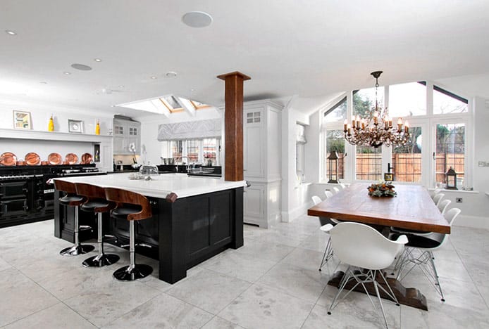 Stylish Wooden Stools in Kitchen with Eames Chairs