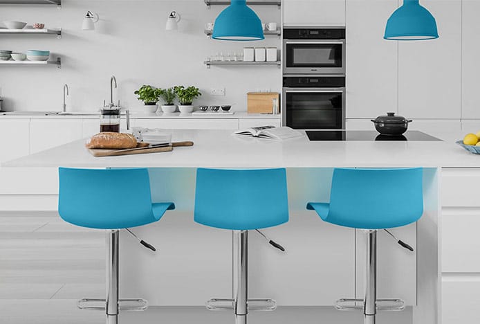 Serena Bar Stool Blue In A Modern Neutral Kitchen