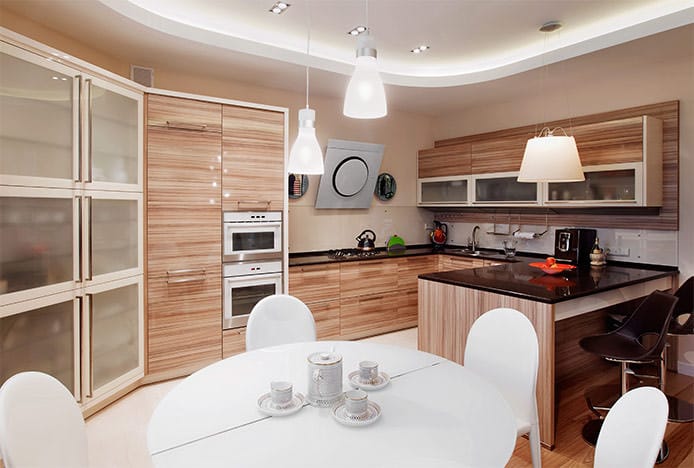 White Circular Table in Wooden Kitchen